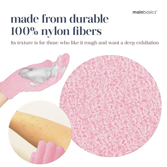 MainBasics Deep Exfoliating Bath Gloves - Heavy-Textured Nylon Shower Scrub for Dead Skin Removal - Machine Washable (1 Pair, Soft Pink)