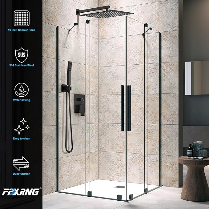FPXRNG Black Shower Faucet Set, Rainfall Shower System with Square Shower Head and Handle Set, Wall Mounted Shower Fixtures, Full Metal Trim Repair Kit 16 inch Matte Black (With Shower Valve)