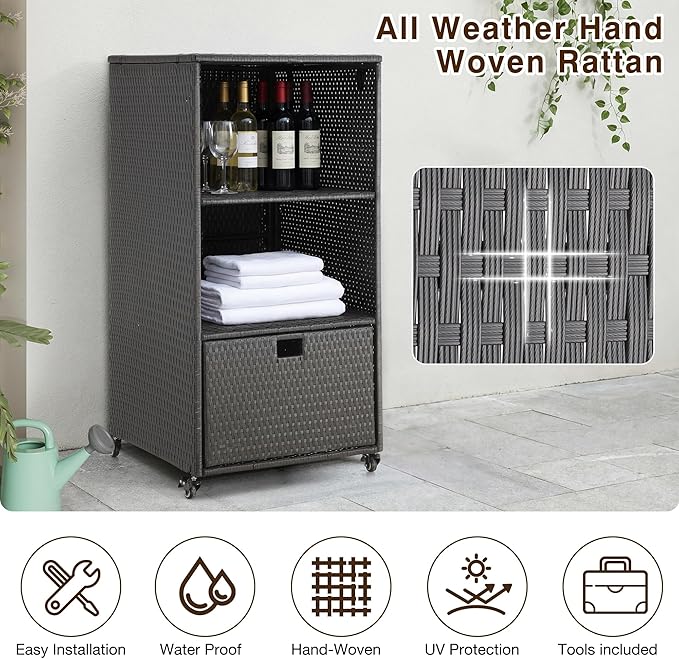 HOMREST Outdoor Pool Towel Rack with Storage Cabinet, Waterproof PE Rattan Wicker Poolside Towel Organizer with Shelves & Drawer, Rolling Wheels Towel Valet Caddy for Patio, Hot Tub, Spa,Black