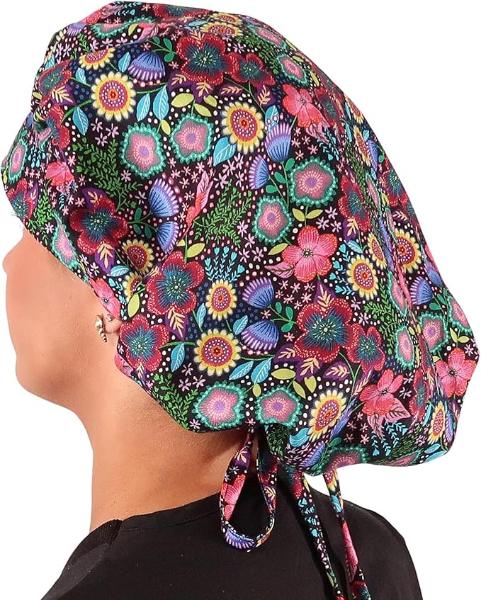 Sparkling EARTH Banded Bouffant Surgical Scrub Ponytail Working Caps and Built-in Sweatband - 100% Cotton - Made in The USA