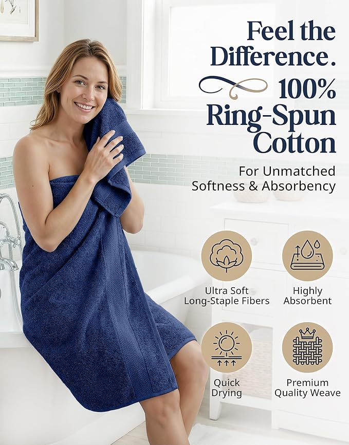 LANE LINEN Luxury Cotton Bath Towel Set - 6 Piece - Low Twist, Soft & High Absorbency - 2 Bath, 2 Wash cloths, 2 Hand Towels - Classic Hotel Quality, Durable & Ideal for Modern Bathrooms - Navy Blue