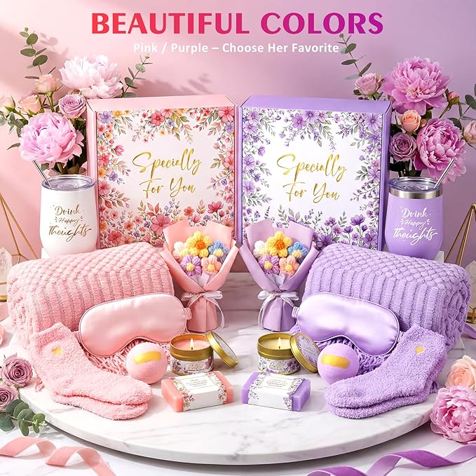 Birthday Gifts for Women,Mothers Day Gifts for Mom,Valentines Day Gift for Her,Self Care Spa Gift Basket with Blanket Candle Bath Bomb,Relaxing Spa Set,Get Well Package,for Mom Wife Sister Best Friend