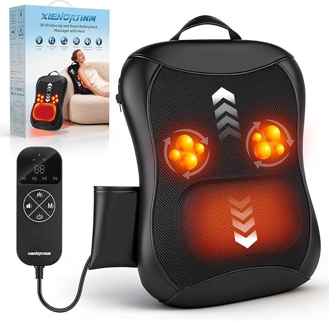 Back Massager with Heat, 4D Rolling Massage Nodes for Upper & Lower Back Pain Relief, 4 Modes & 2 Speeds Deep Tissue, Includes Car Adapter for for Car Office Home & Travel