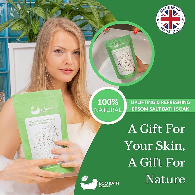 Eco Bath London Uplifting and Refreshing Epsom Salt Bath Soak 1kg - Magnesium Bath Salts with Citrus Essential Oils for Energizing Spa Soak, Made in UK, Self Care Gift