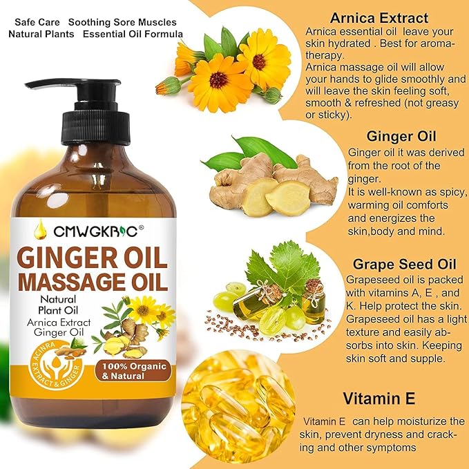 Ginger Oil,Ginger Massage Oil for Lymphatic Drainage,Natural Body Oil for Skin,Arnica Oil,Sore Muslce Massage Oil,Spa Ginger Oil-Warming and Relaxing for Mothers Day Gifts for Wife,Fathers Day Gift
