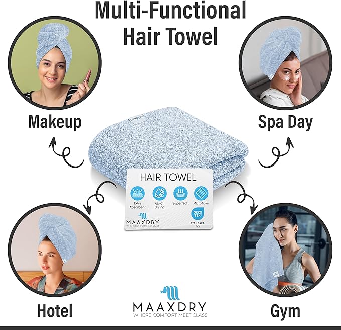100% Cotton Hair Towel Wrap for Women, Men & Kids – Non-Microfiber 450 GSM Thick Super Absorbent Hair Towel 26x40 Inches, Secure Elastic Hair Wrap for Long & Curly Hair (Blue)