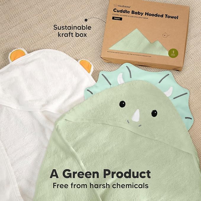 KeaBabies Hooded Baby Towel for Newborn - Viscose Derived from Bamboo Large Baby Bath Towels with Hood for Boys, Girls, Toddler, Extra Absorbent & Soft Newborn Bath Essentials (Triceratops, Regular)