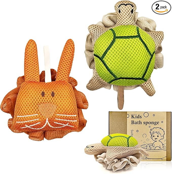Kids Bath Sponge,Soft Mesh Shower Pouf for Kids,Cute Turtle&Bunny Bath Loofah Gentle Fun Bath Accessories for Boys and Girls