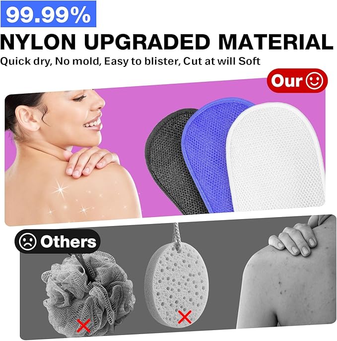 African Net Sponge Exfoliating Gloves, 3-Pack Bath Mitts for Deep Cleaning & Dead Skin Removal, Assorted Colors （Black, Blue, White）