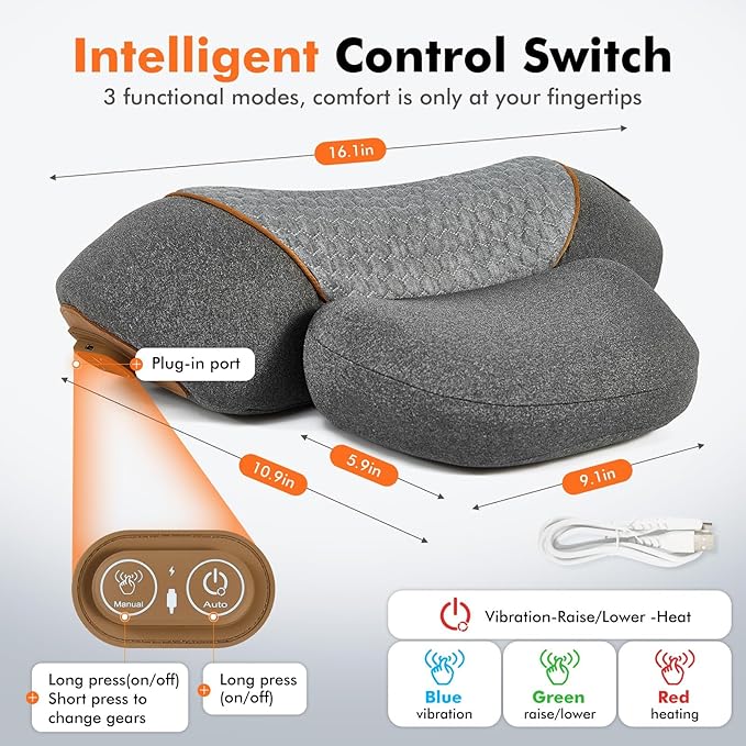 Neck Pillow - 3-in-1 Neck Massage Pillow with Battery for Shoulder Pain Relief, Deep Tissue Pain Relief with Heat and Stretching, Neck Hump Corrector for Women, Travel Pillow