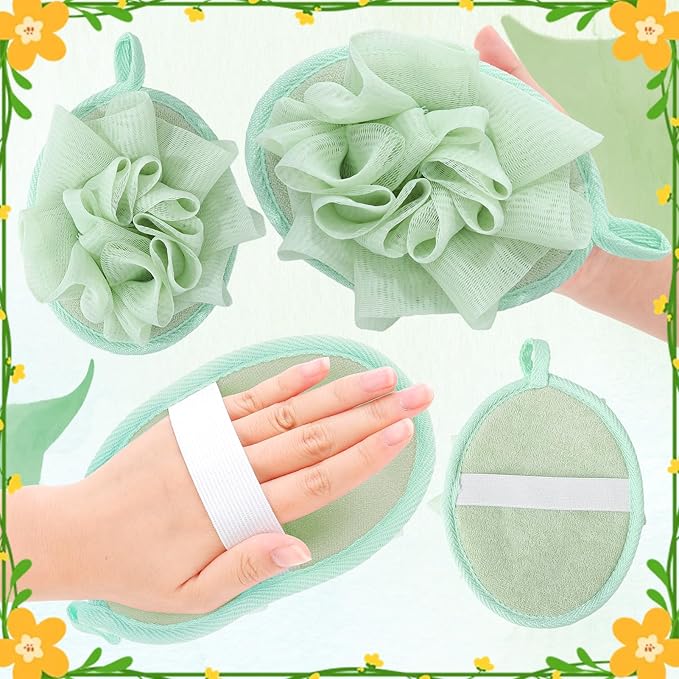 4 PCS Exfoliating Bath Sponges Soft Loofah Shower Scrubber with Elastic Hand Strap for Women Men Gentle Skin Cleansing Body Wash Towel Pouf Purple, Pink, Green, Coffee