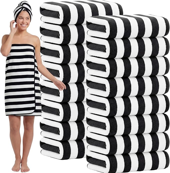 SmoothNovelty 16 Pack Microfiber Bath Towels Bulk 27'' x 60'' Oversized Size Bath Towel Highly Absorbent Extra Large Soft Drying for Beach Shower Summer Salon Sport Gym Party (Stripe,Black)