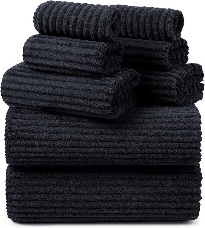 REDKISS Black Bath Towels Set 8 Piece - Microfiber Bathroom Towels of 8 Large, Highly Absorbent Bath Towel, Soft Shower Towel for Bathroom, Hotel 2 Bath Sheet 2 Hand 2 Washcloths 2 Hair Towel Wrap