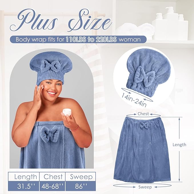 Xtinmee 2 Sets Plus Size Womens Wrap Towel with Hair Towel Bath Wrap Shower Spa Wraps for Women's Bathrobe (Blue)