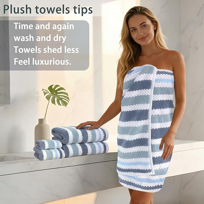 VOOVA & MOVAS Stirpe Towels for Bathroom - Quick Dry | Lightweight | 540GSM,2 Bath 30"x56", 2 Hand 16"x27",2 Washcloths 13"x13",Cotton Blend Towels with Hanging Loops,Blue Gray White Stripe