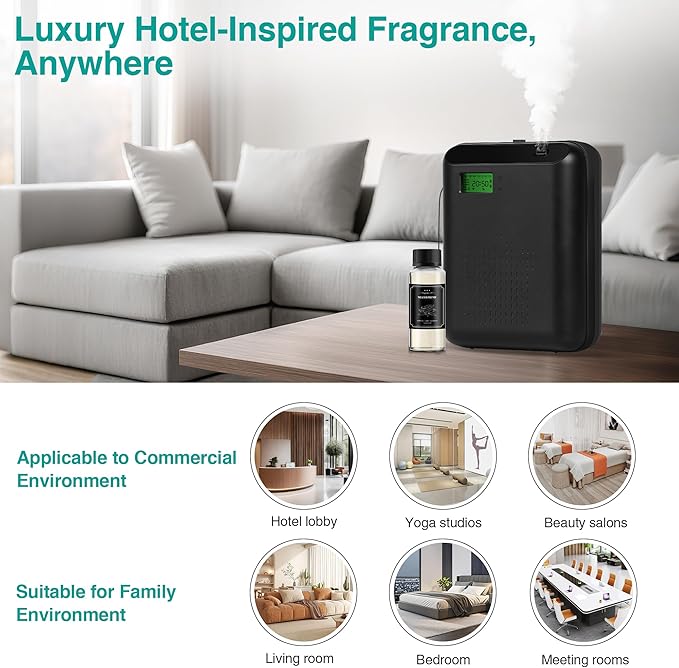 Scent Air Machine Starter Kit – Waterless Diffuser for Home & Commercial Use, Hotel Scent Diffuser Includes 100ml Essential Oil, WiFi/Bluetooth Control, 2000 sq.ft Coverage, Wall-Mount & Desktop,Black
