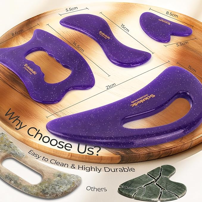 Scienlodic 4 Pcs Gua Sha Massage Tools for Face & Body (Purple, Resin) - Guasha Scraping Tool for Jawline Contouring, Puffiness Reduction, Neck, Back, Legs & Muscle Relaxation