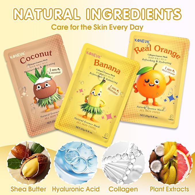 KONEUK 126 Pack Sheet Hydrating Face Masks Skincare for Women, Bulk Fruit Face Mask Skin Care for Kids, Facial Masks Set for All Skin Types, Mothers Day Gifts, Spa Party Supplies for Girls Teens