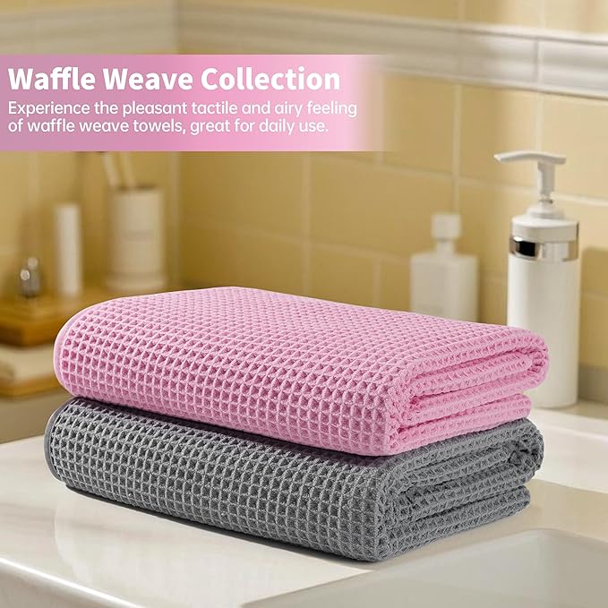 MICROFI New Microfiber Waffle Bath Towels, 2 Pieces, Oversized, Soft, Absorbent, Fast Drying, Lint Free 430 GSM (Gray+Pink)