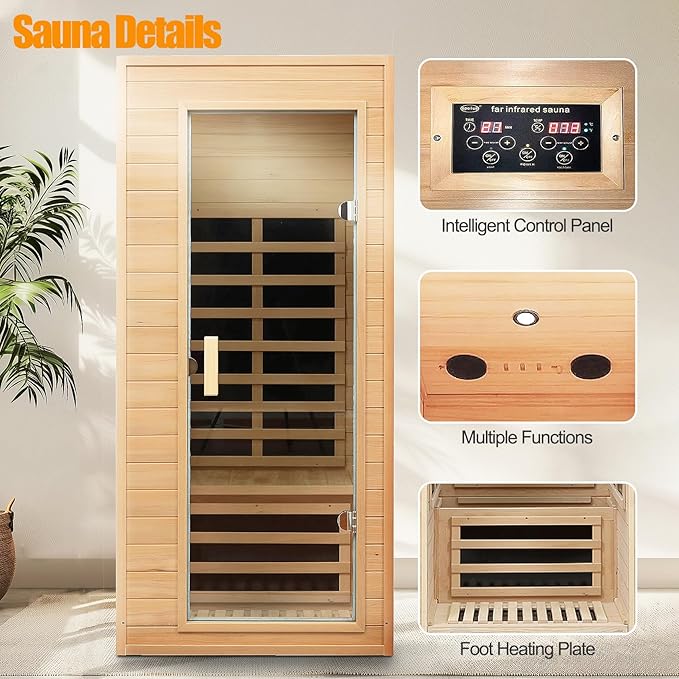 Far Infrared Sauna, 1 Person Infrared Sauna, Canadian Hemlock Wood 1290W Low-EMF Infrared Saunas for Home with Bluetooth Speakers, Reading Lamp
