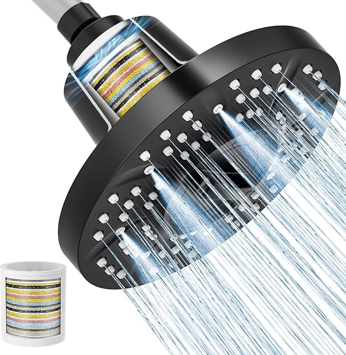 SR SUN RISE Filtered Shower Head with Filters, 20-Stage Shower Head Filter for Hard Water, High Pressure Showerhead with Easy-Replace Cartridge to Remove Chlorine & Heavy Metals (7-Inch, Black)