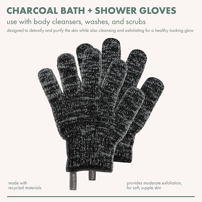 EcoTools Charcoal Bath + Shower Gloves, Exfoliating Gloves Remove Dead Skin & Cleanse Whole Body, Bath Gloves Infused With Charcoal To Scrub & Purify Skin, Cruelty Free, 1 Pair (2 Gloves)