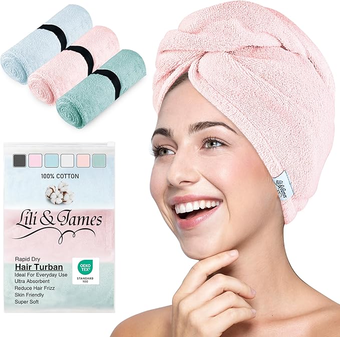 Cotton Hair Towel Wrap for Women/Kids | Quick Dry, Soft & Absorbent 420-GSM Hair Wrap Towels with Double Button | Anti Frizz, Non Microfiber Hair Turbans for Curly, Long & Thick Hair (Blue+Pink+Aqua)