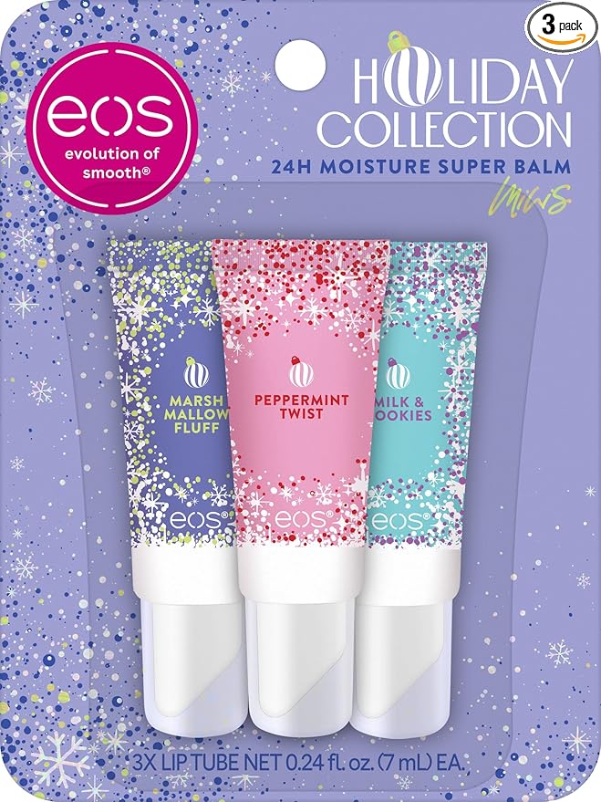 eos Holiday 24H Moisture Mini Super Balm Set, Peppermint Twist, Milk & Cookies, Marshmallow Fluff, Limited Edition Lip Care, Stocking Stuffers, 0.24 fl oz, 3-pack