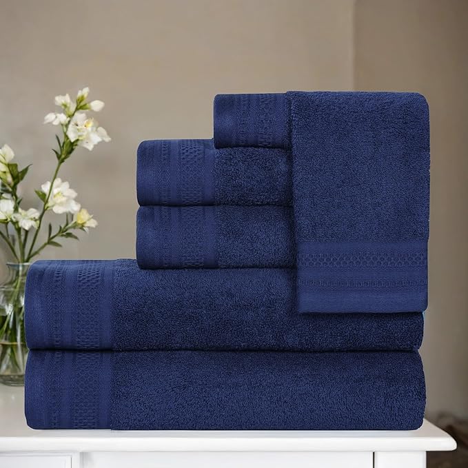 Superior Honeycomb Cotton Medium Weight Towels, for Guest Bath, Master Bathroom, Shower, Quick Dry, Adults, Home Essentials, Textured Waffle Border, Assorted Towel Set, 6 Piece Towel Set, Navy Peony