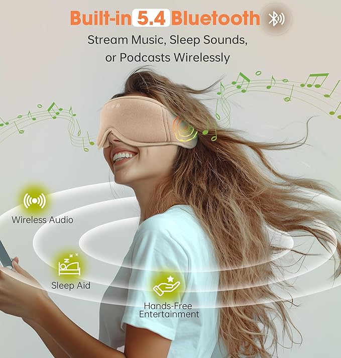Sleep Mask with Headphones Bluetooth 5.4, LC-dolida Wireless Music Eye Mask for Sleeping Headphones with Soft Bamboo Cotton Cooling Breathable,Ultra-Thin Stereo Speaker for Side Sleepers-Khaki