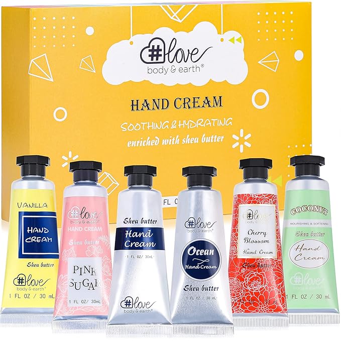 BODY & EARTH # LOVE Hand Cream Gifts Set,Mothers Day Gifts for Mom,Travel Size Hand Cream for Women,Mini Moisturizing Hand Lotion for Dry Cracked Hands,Nurses Week Appreciation Gift Teacher, 6 x 1 OZ