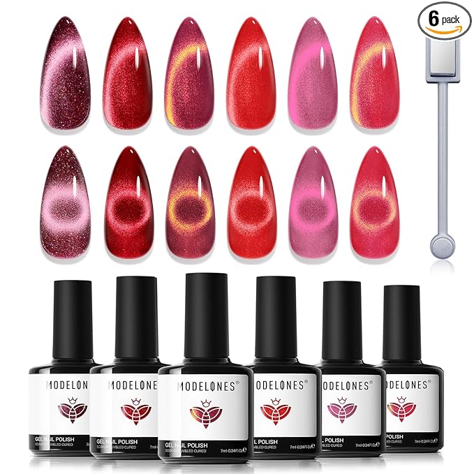 modelones Cat Eye Gel Nail Polish, 6 Colors Red Glitter Burgundy Ruby Sparkle Shimmer Gel Polish Set with Magnet Nail Gel Polish Kit Soak Off Led Nail Art Manicure Salon DIY Gifts