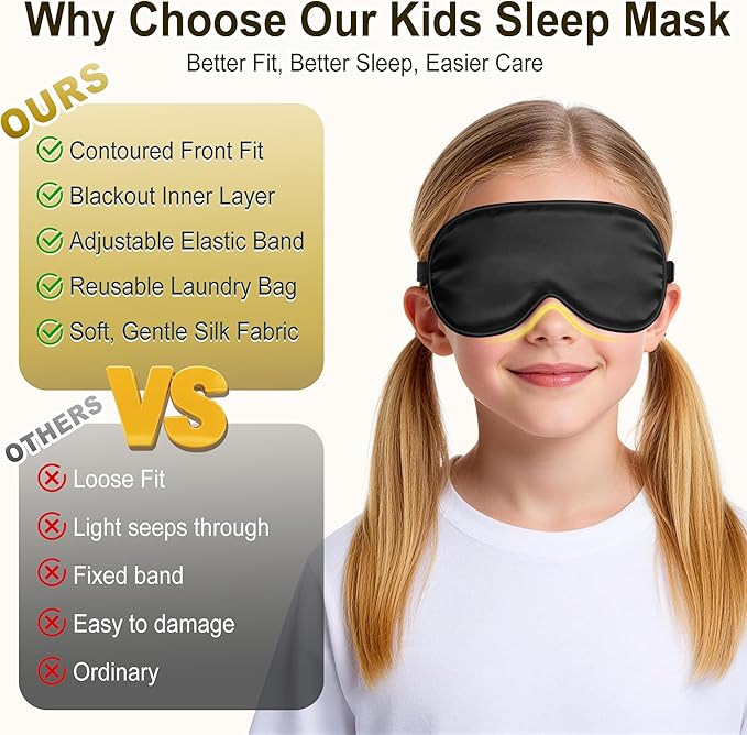Kids Sleep Mask, Kids Eye Mask for Boys Girls, Kid Silk Eye Masks with Adjustable Strap for Sleeping, 100% Light-Blocking Sleep Eye Cover, Includes Protective Laundry Bag (Black)