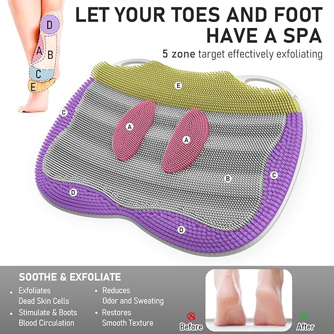 Shower Foot Scrubber Mat XL, Silicone Feet Toes Massage Cleaner -Upgraded Long Brush Pad Without Bending Non-Slip Suction Cups for Foot Bath Bathtub Exfoliate Smooth Skin 17.4x13 Grey