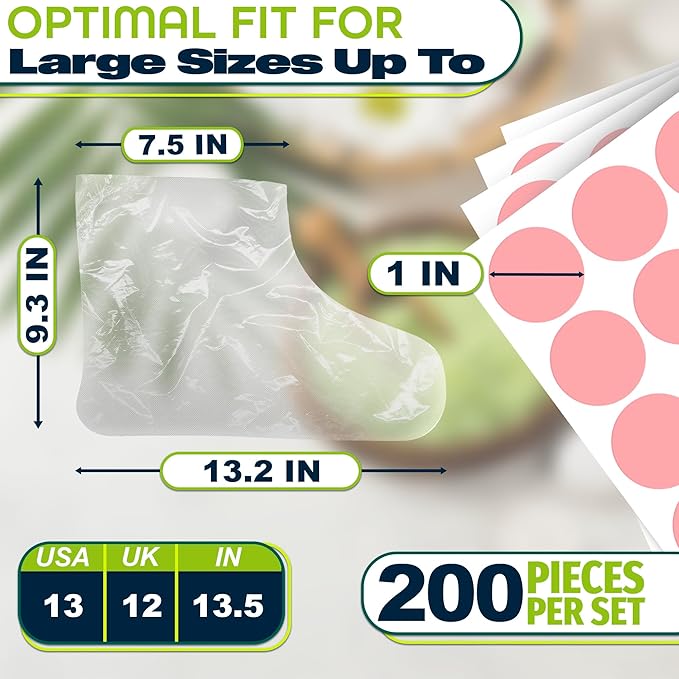 200 Pcs Plastic Foot Covers for Feet – 13 US Leak-Proof, Durable, Ribbed Anti-Slip Design with 200 Stickers for Snug Closure – Plastic Socks for Moisturizing Feet, Great for Wax Foot Care & Hydration