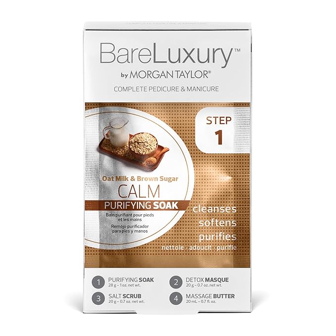Morgan Taylor BareLuxury 4-Step Complete Pedicure & Manicure Packs - Complete Nail Care Kit with Soak, Masque, Scrub & Massage Butter, Professional Spa-Quality Treatments (Calm Oat Milk & Brown Sugar)