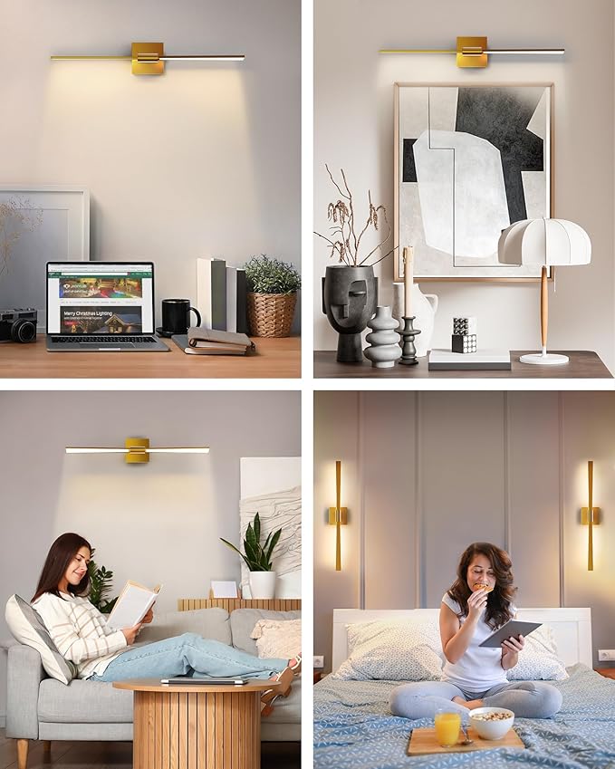 JACKYLED Modern Bathroom Light Fixtures Over Mirror 3 Color Temperatures 2-Head Bathroom Light Bars 360°Swivel 24W LED 1200LM 24-Inch Vanity Lights Hard-Wired, 2700K/4000K/6500K, Brushed Gold