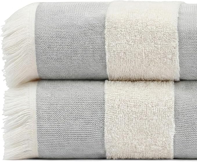 Lightweight Turkish Beach Towel - 100% BCI Cotton, Unbleached Raw Fringe, Oeko-TEX Certified, Absorbent, Eco-Friendly, 36x66”, Gray & Natural Stripes, Portable Sarong Blanket for Pool, Travel