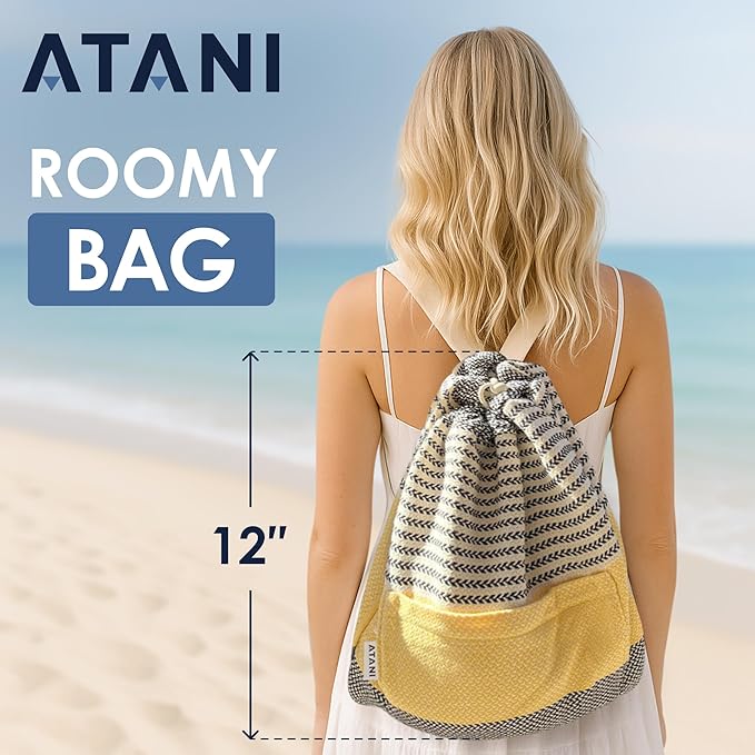ATANI Turkish Beach Towel (71x39 Inches), Converts to a Bag, Oversized 100% Cotton Bath Towels Lightweight Quick-Dry Beach Blanket for Travel, Picnic, Camping, Yoga and Pool (Black x Yellow)