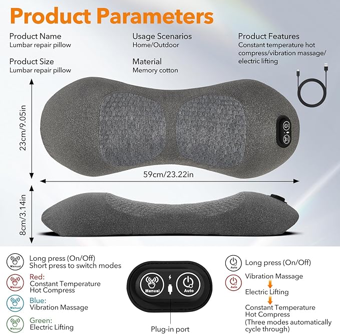 3-in-1 Neck Massager Pillow with Heating & Cervical Traction, Ergonomic Cervical Pillow for Neck Back Shoulder Pain Relief,Cervical Traction Suppor, Mathers Day Gifts (Gray Lumbar Pillow)