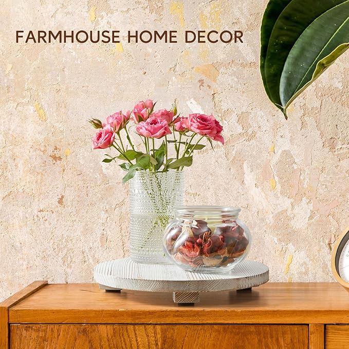 Small Round Decorative Tray White Washed Wood Bathroom Counter Organizer Pedestal Stand Farmhouse Kitchen Decor Wooden Riser for Soap Dish, Perfume, Candle, Sponge, 9"