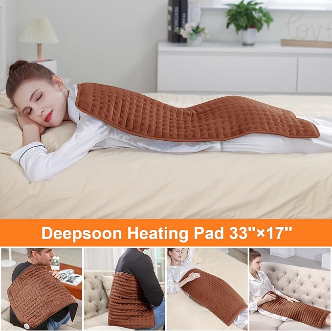 Deepsoon Heating Pad,Electric Heating Pads for Back,Neck,Moist Heating Pad for Abdomen Shoulder Knee Legs,Dry/Moist Heat&Auto Shut Off,Mother's Day Birthday for Men and Women,Brown,33x17 Inch