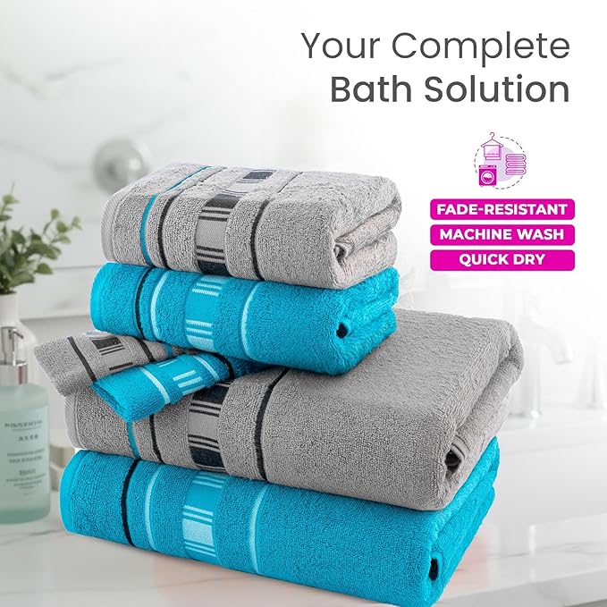 CASA COPENHAGEN X Line 6Pcs 100% Egyptian Cotton Large Designer Towels Gift Set- Grey - Teal, 600 GSM, 2Bath 2Hand 2Washcloths, Bath Towels for Bathroom Set for Women & Men