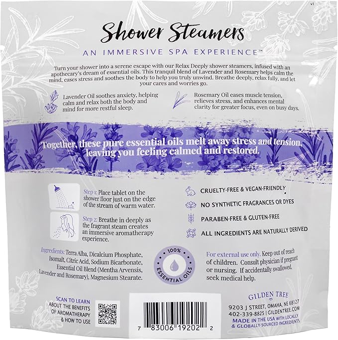 Gilden Tree Shower Steamers Aromatherapy Lavender & Rosemary Essential Oils Stress Relief, Birthday Gifts for Women Men Teens Adults, Made in USA (Relax Deeply)