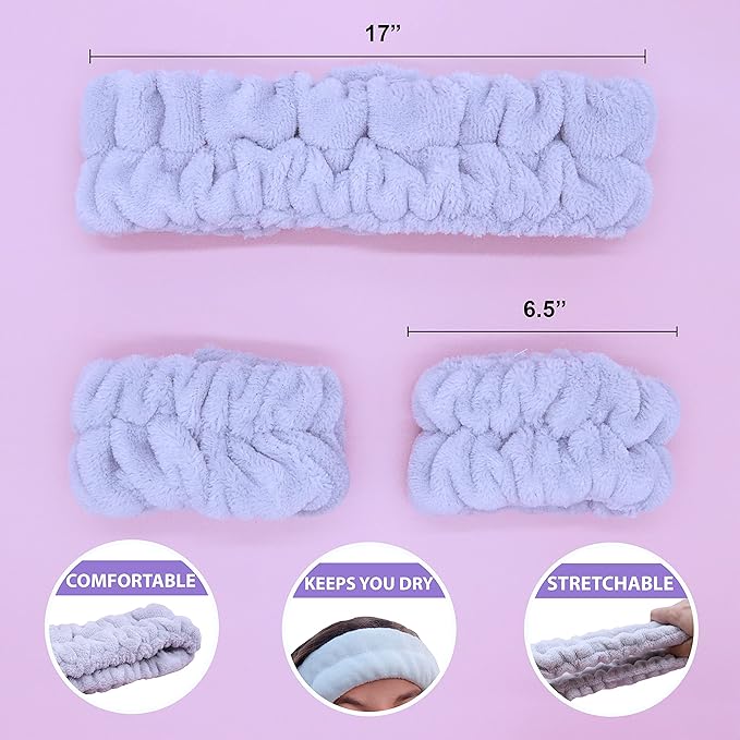 FROG SAC Spa Headband and Wristbands for Face Washing, Fuzzy Skincare Make Up Headbands Set for Women, Soft Puffy Makeup Skin Care Facewashing Hair Band Accessories for Girls (Gray)