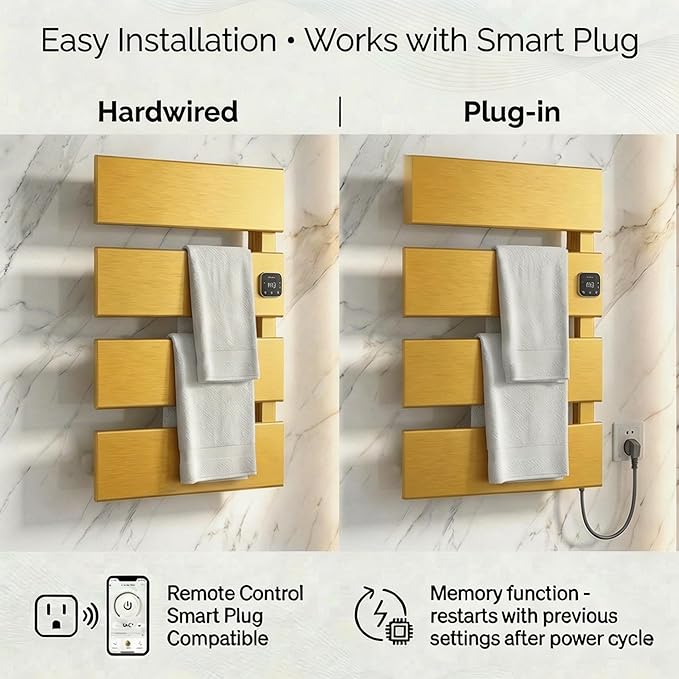 Electric Towel Warmer, Heated Towel Rack with Thermo Control and Timer, Fast Heating Towel Rail for Bathroom with Memroy Function, Work with Smart Plug, Right-Wiring, 4 Panel, Gold