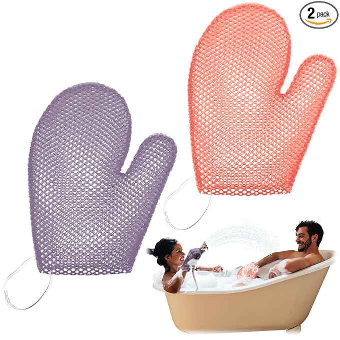 Karenhi 2 Pcs Honeycomb Exfoliating Glove Bath Mitt Body Spa Scrubber, Honeycomb Exfoliator Glove for Body Shower, Scrubber Sponge Shower Loofah, Quick Drying(Pink,Purple)