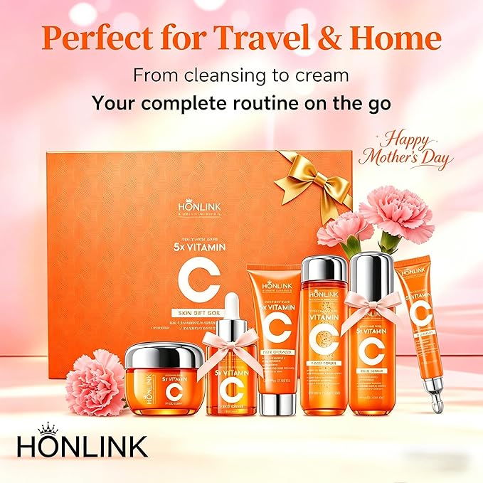6-Piece Hydrating Skincare Set with Vitamin C & Niacinamide, Face Care Kit Includes Toner, Serum, Cleanser, Moisturizer, Eye Cream & Body Lotion | Mother’s Day Gift for Women