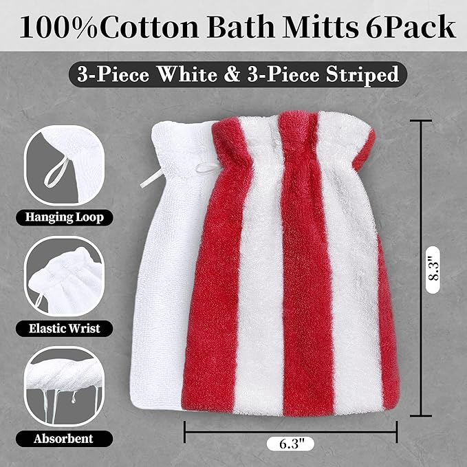 VOOVA & MOVAS Wash Mitts for Body 6-Pack, 100% Cotton Soft Absorbent Wash Cloths with Hanging Loop, 8.3x6.3 Inch European Style Wash Gloves for Shower & Spa, Red Stripe & White