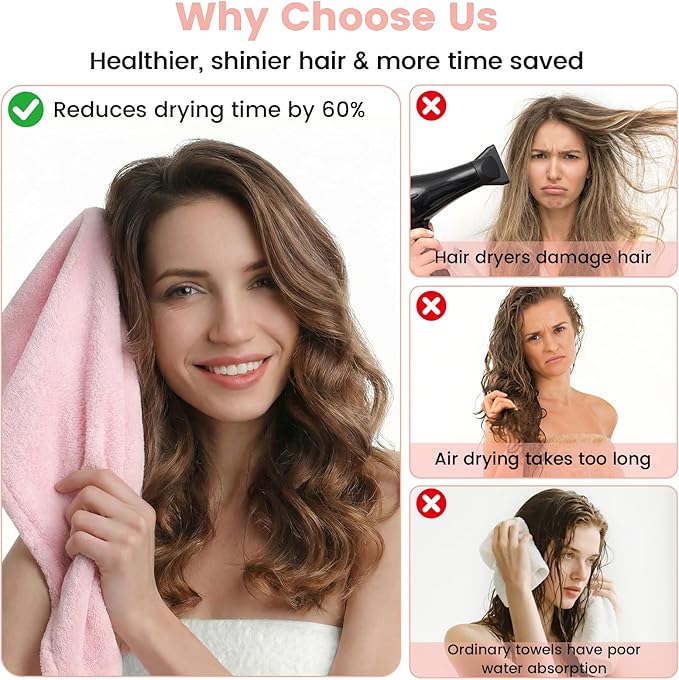 3 Pack Microfiber Hair Towel Wrap for Women, Large Fast Drying Hair Turban, Ultra Soft Thick Anti-Frizz, Double Stitched Edges & Stay in Place No Slip Design for Curly Long Wet Hair(Pink/Grey/Blue)